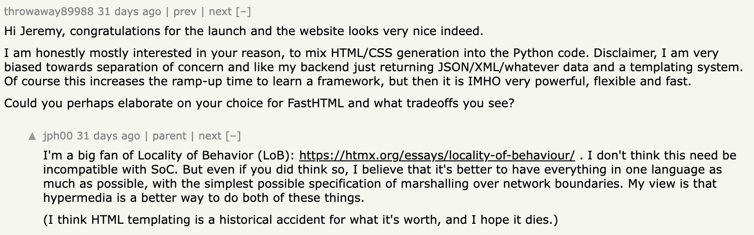 Hacker News exchange with FastHTML creator