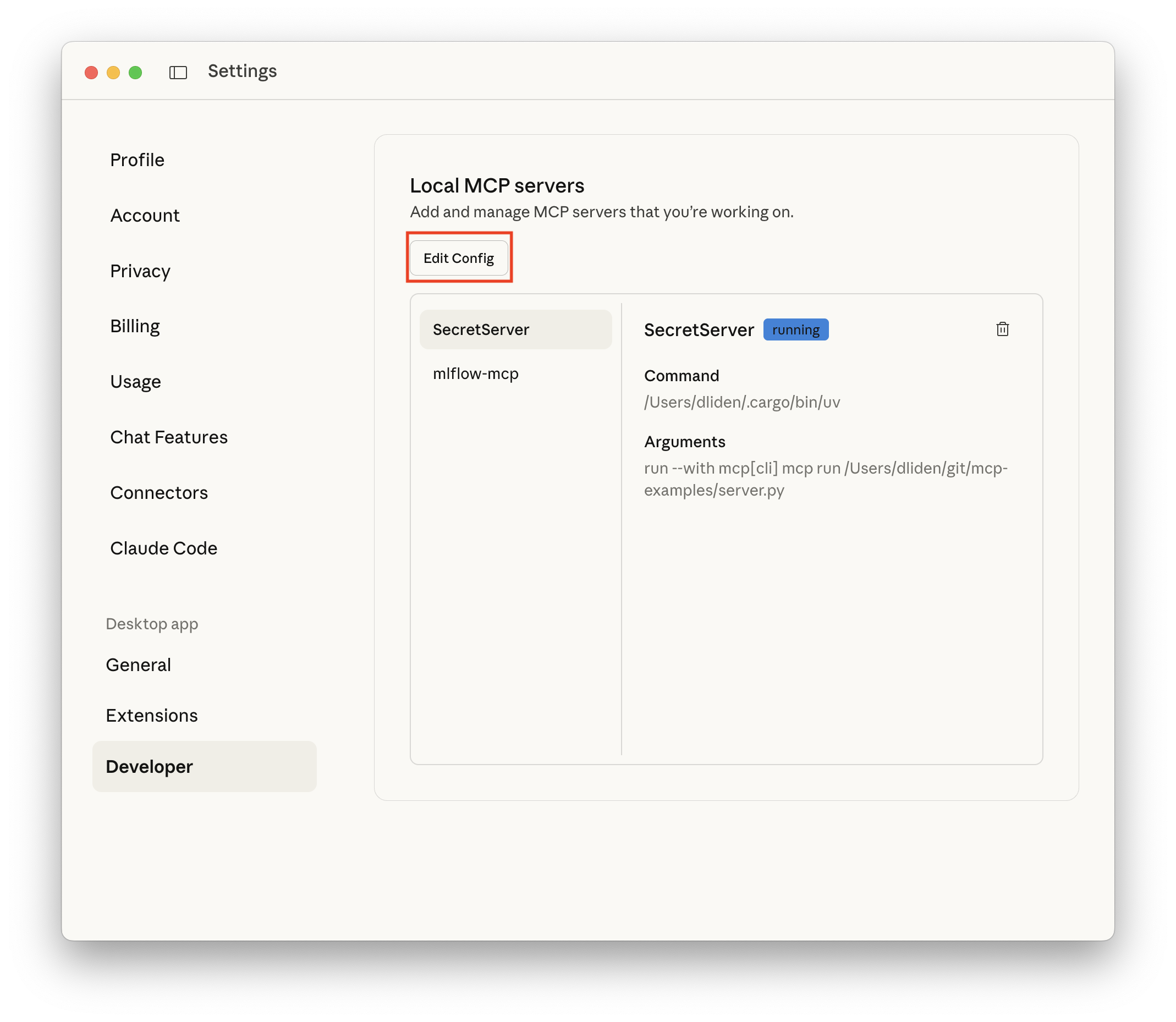Claude Desktop Developer settings Local MCP servers pane with the Edit Config button highlighted