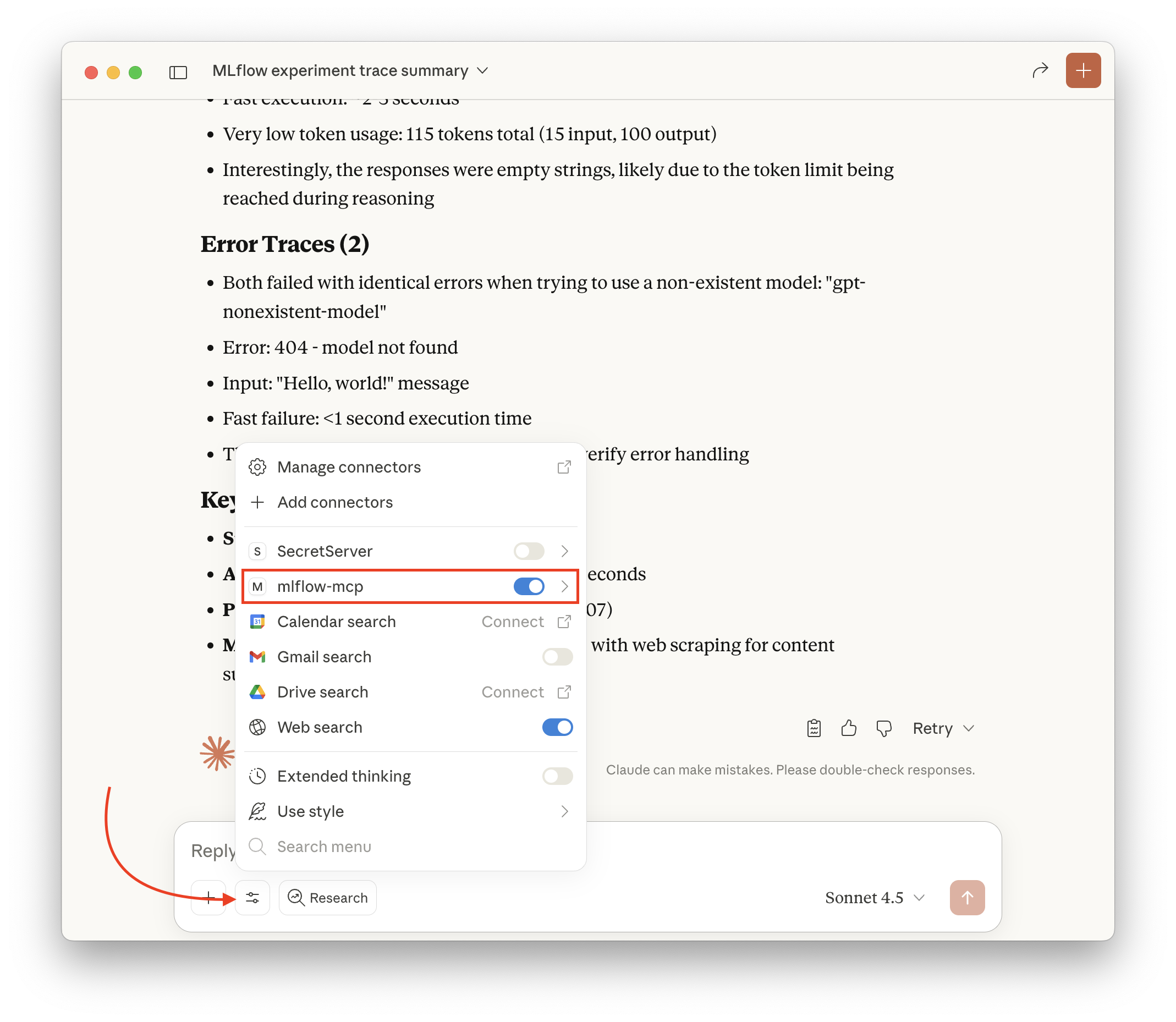Claude Desktop connections menu with the mlflow-mcp server toggled on and highlighted