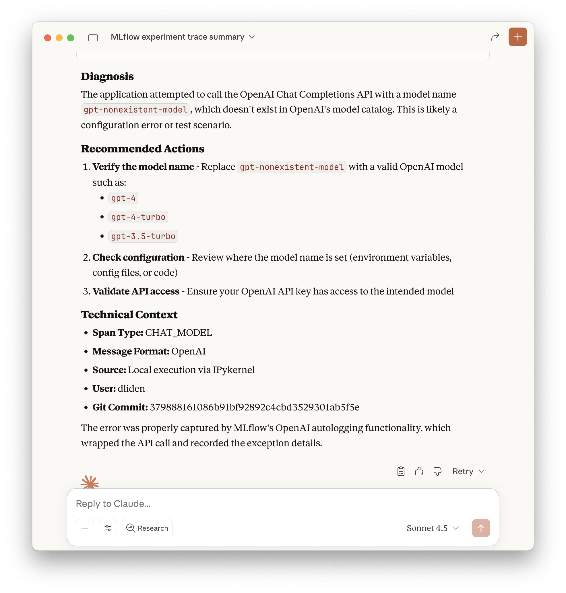 Claude Desktop diagnosing a failed trace, explaining the gpt-nonexistent-model 404 error with recommended fixes