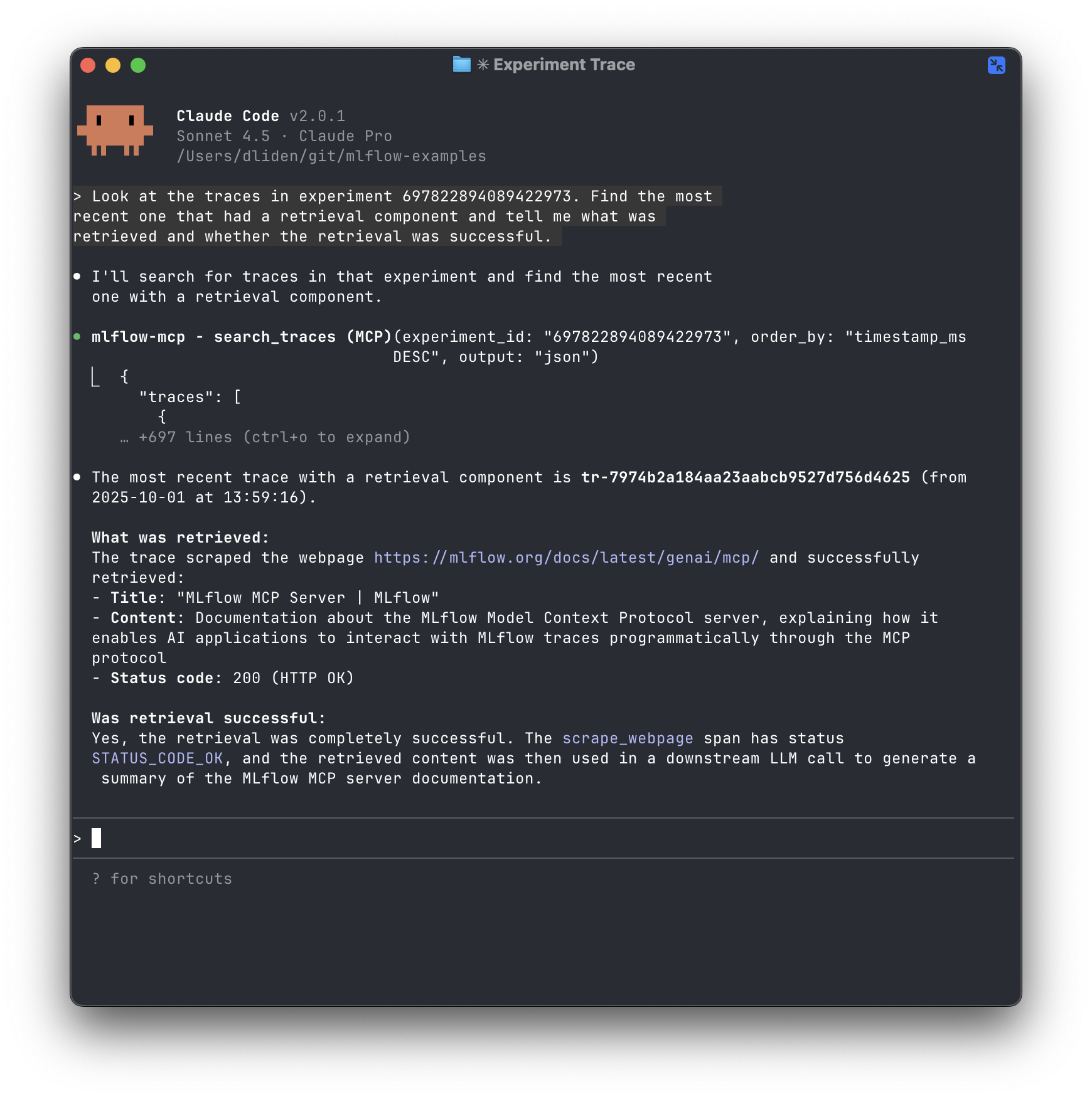 Claude Code terminal calling mlflow-mcp search_traces and reporting a successful webpage retrieval from a trace