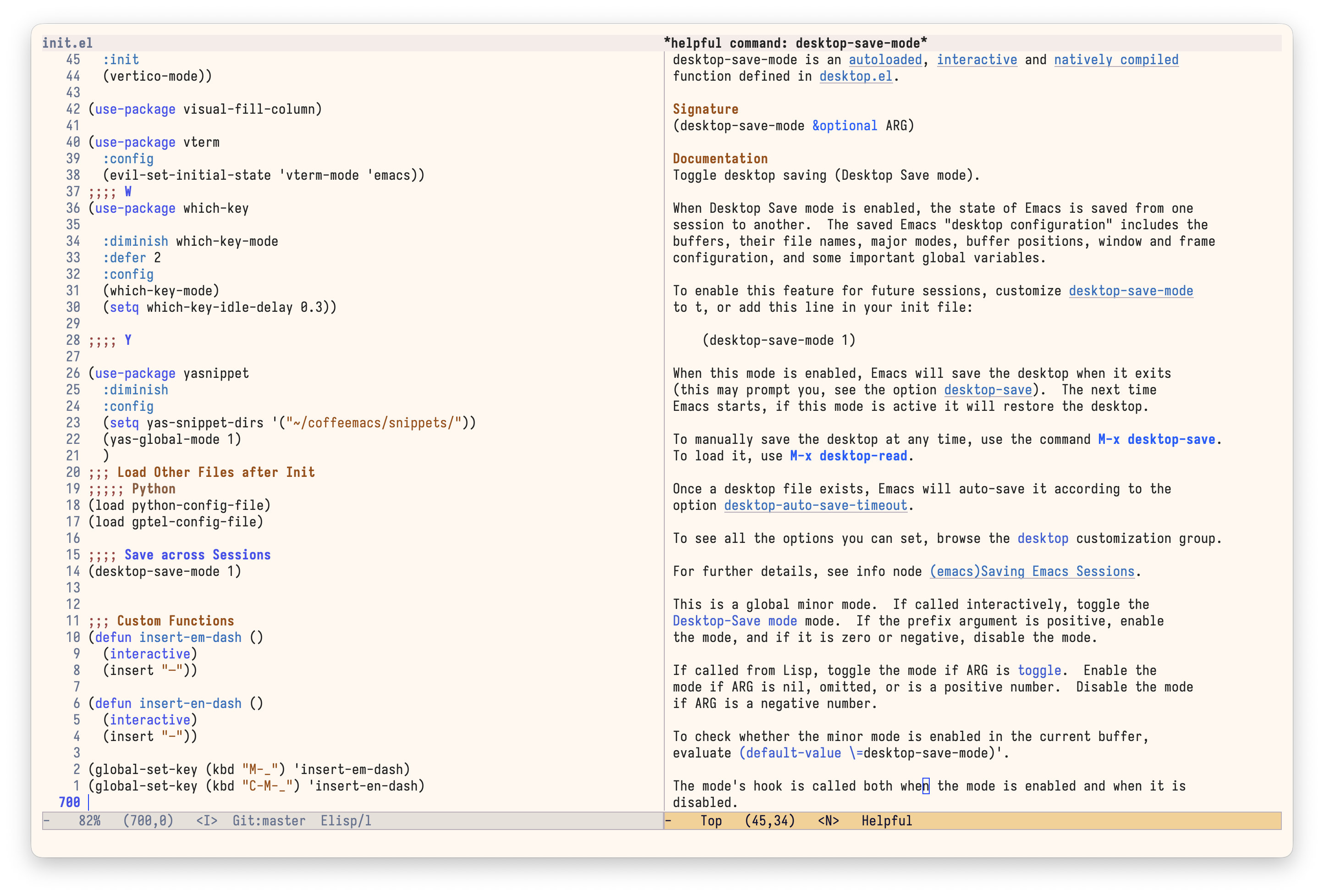 Emacs frame split in two: init.el config on the left, desktop-save-mode help docs on the right