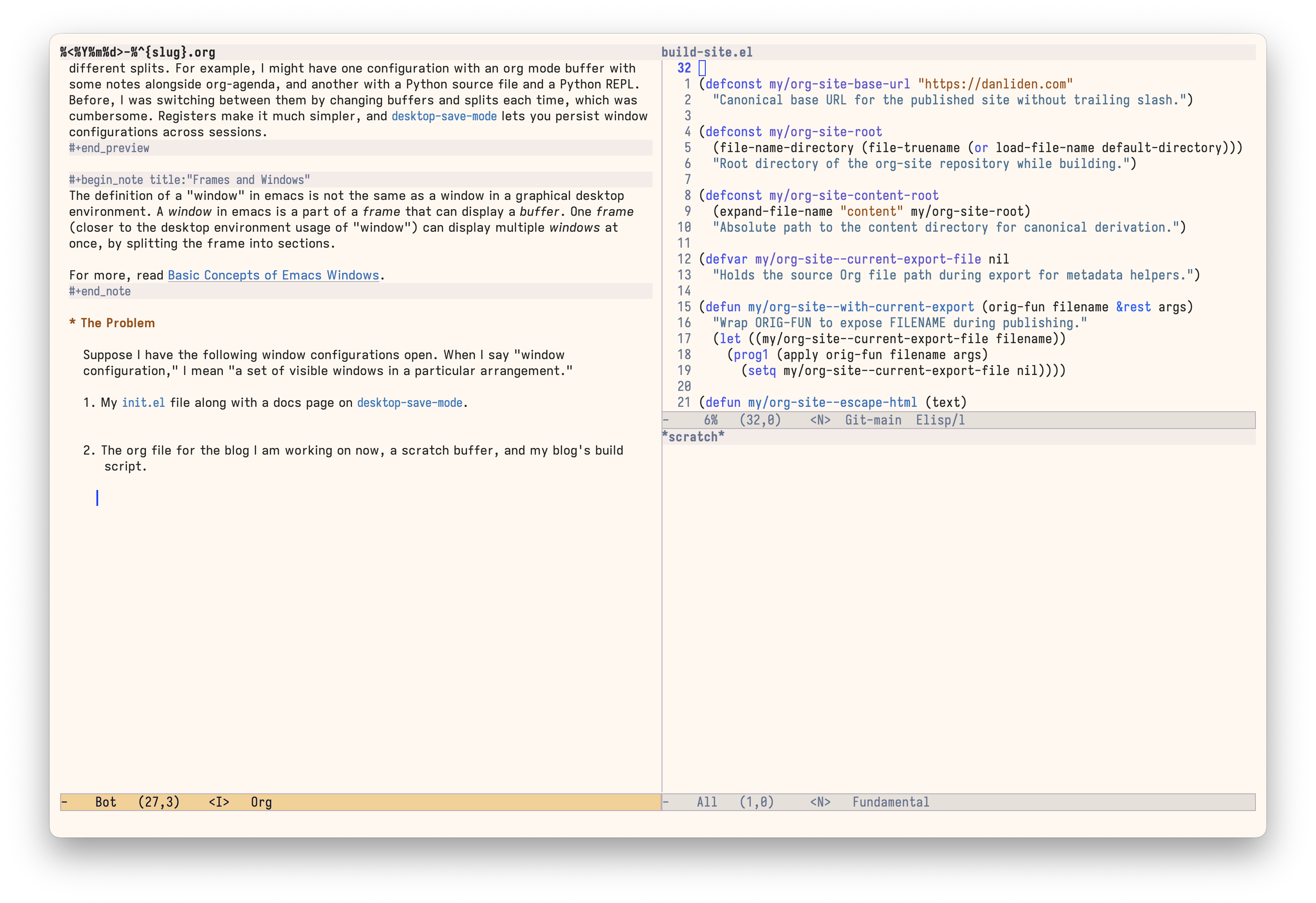 Emacs frame: blog post Org draft on the left; build-site.el over an empty scratch buffer on the right