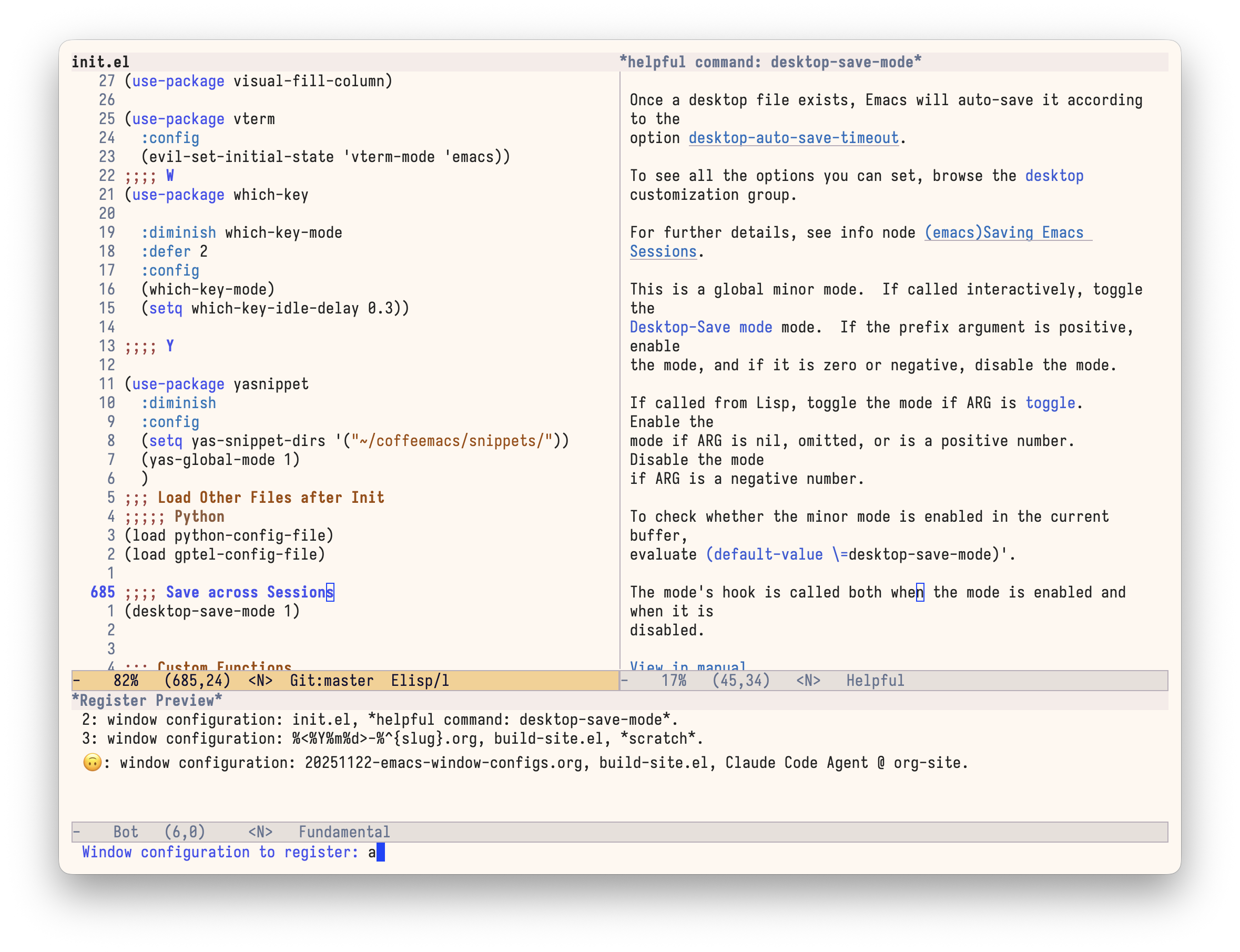 Emacs Register Preview list with minibuffer prompt 'Window configuration to register: a'