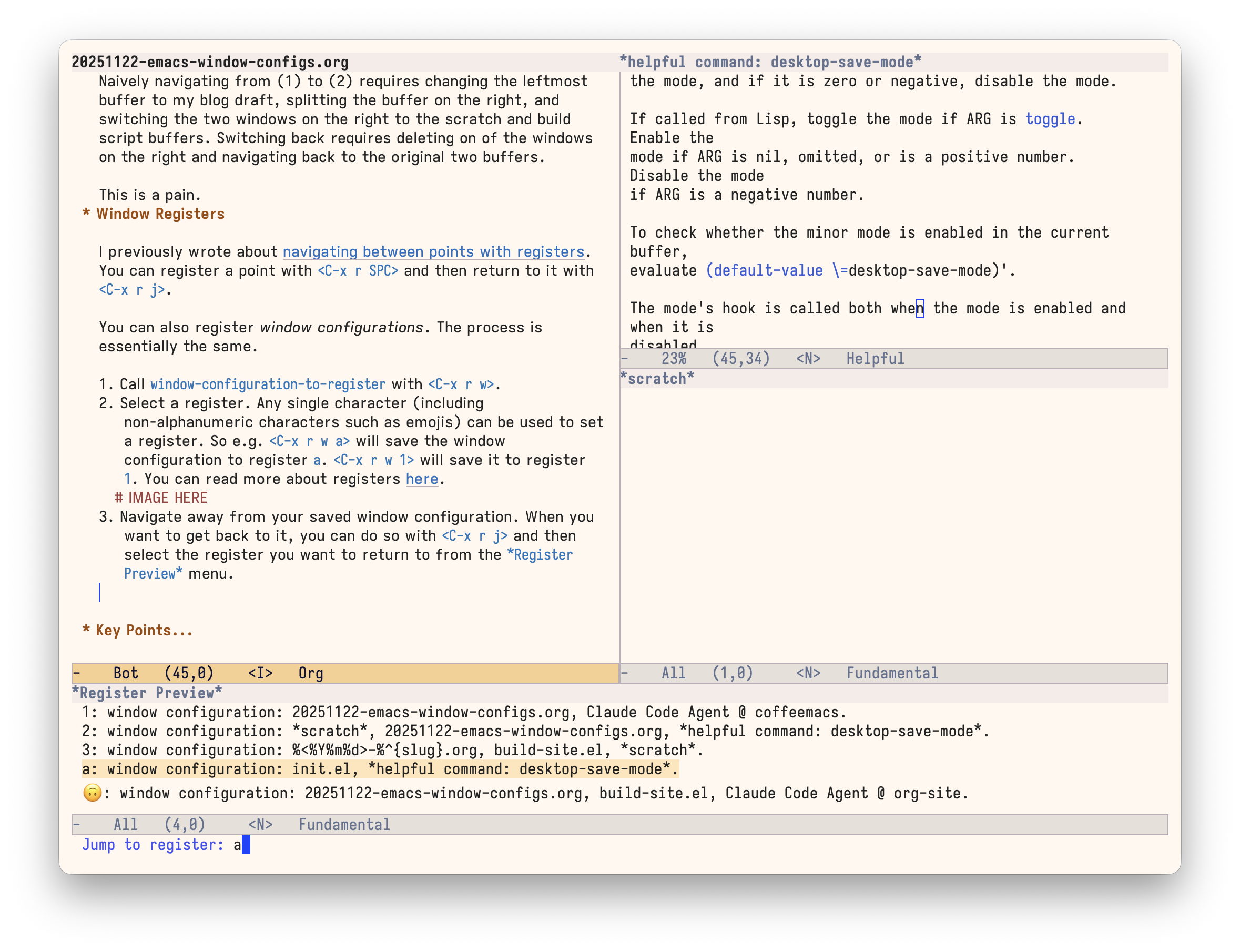 Emacs Register Preview listing saved window configurations with minibuffer prompt 'Jump to register: a'