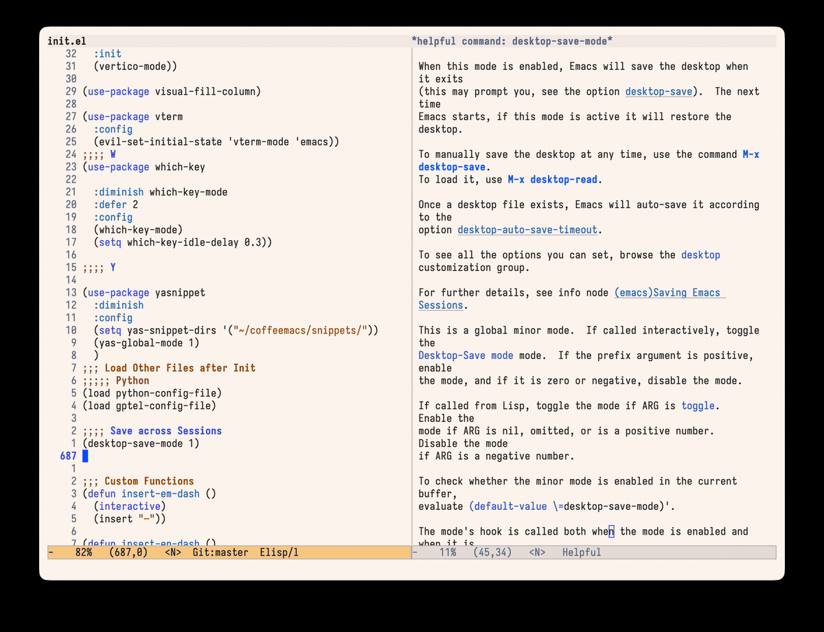 Animated demo of swapping between saved Emacs window configurations via registers