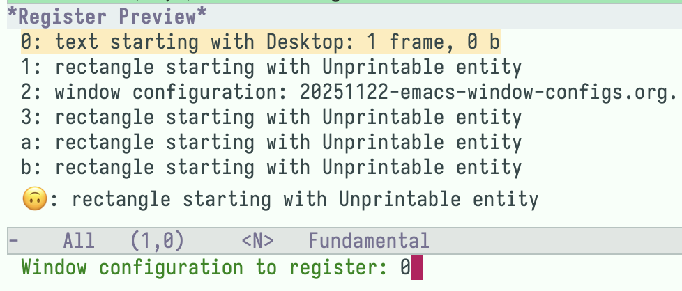 Emacs Register Preview showing window-config registers restored as 'rectangle starting with Unprintable entity'