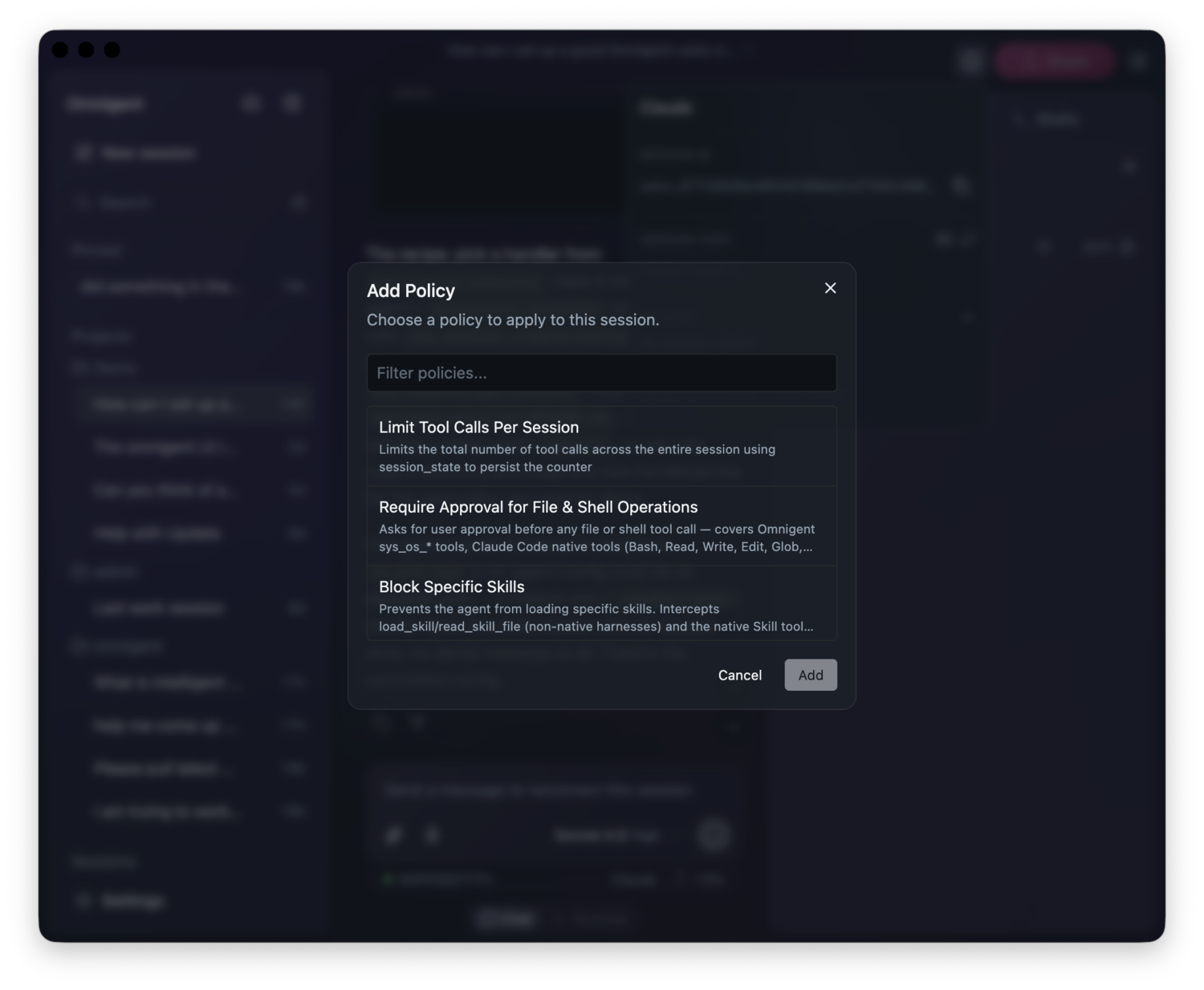 Omnigent 'Add Policy' dialog listing policies including 'Require Approval for File & Shell Operations'