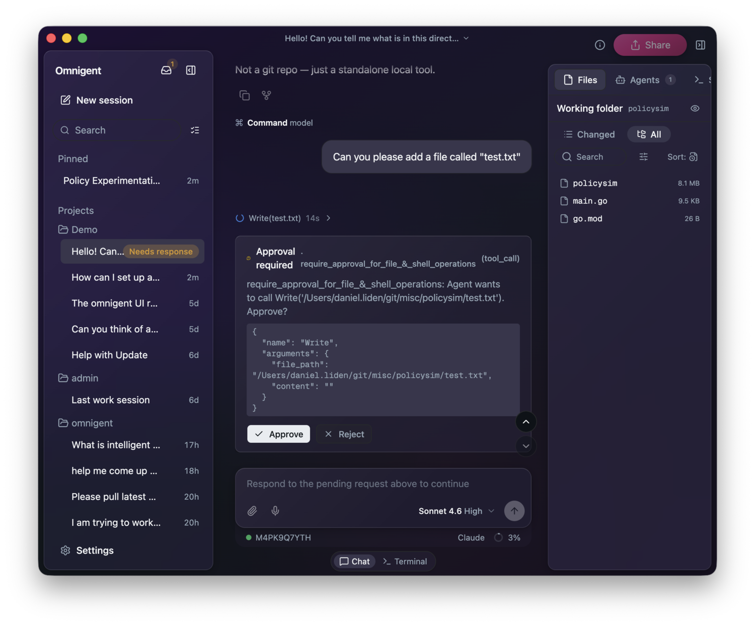 Omnigent showing an 'Approval required' panel before a Write(test.txt) call, with Approve and Reject buttons